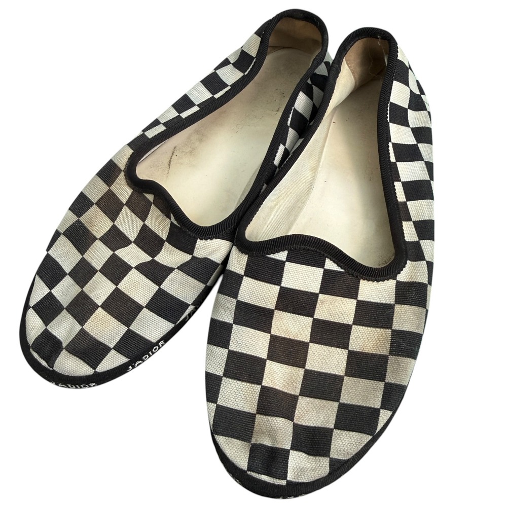 Christian Dior J'Adior Black White Checkerboard Canvas Flats 36.5 CL0118 - Picture 1 of 7